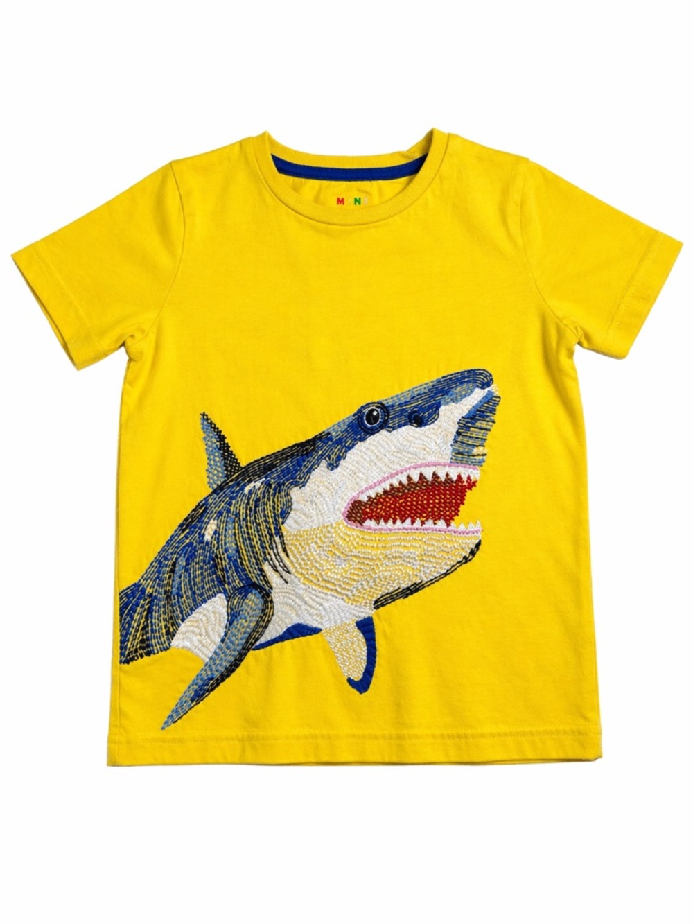 Mini Boden Shark Graphic T-Shirt Boys 6-7Y Yellow Embroidered short sleeve Tee